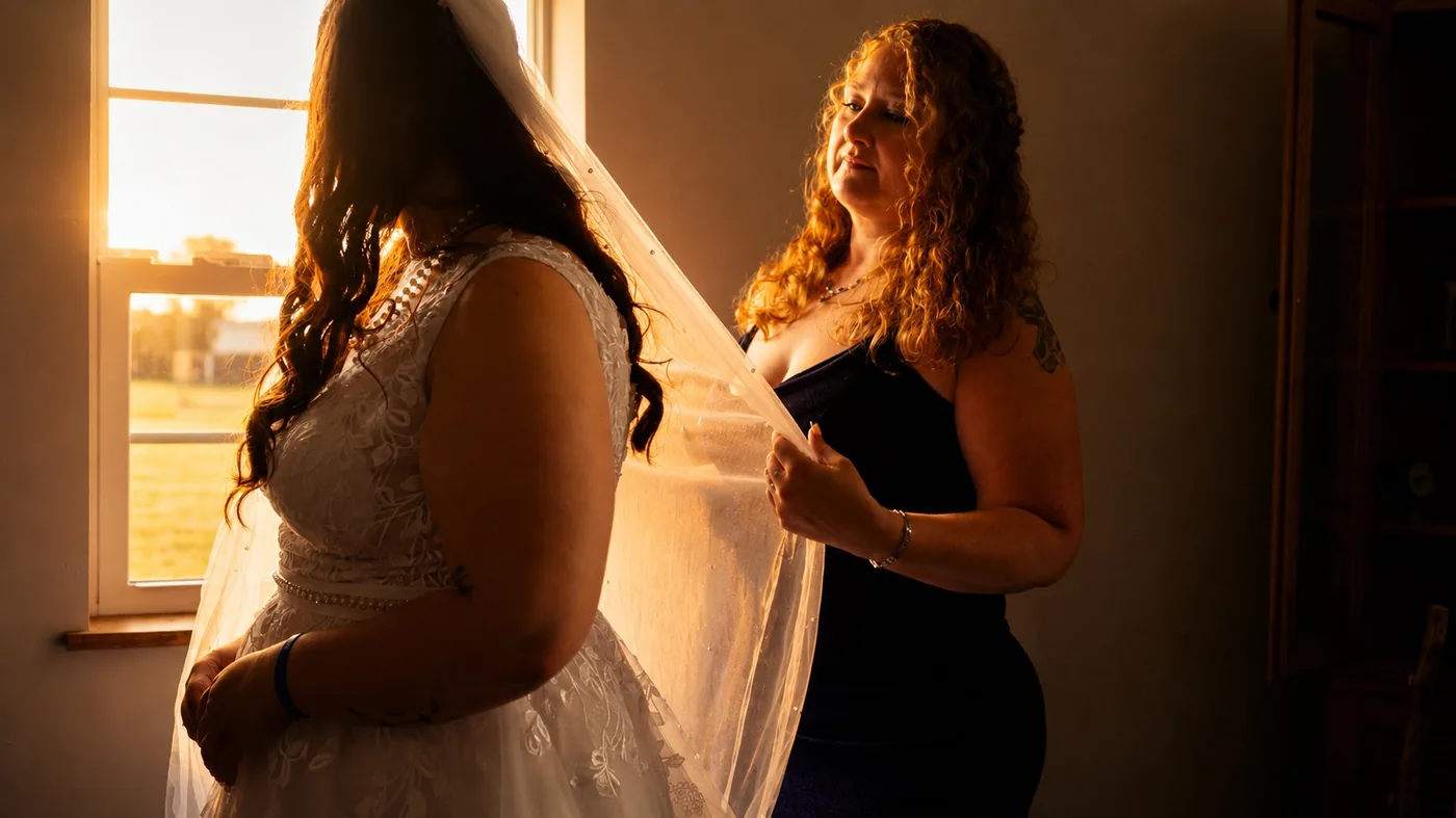 Candid wedding preparation moment by a window