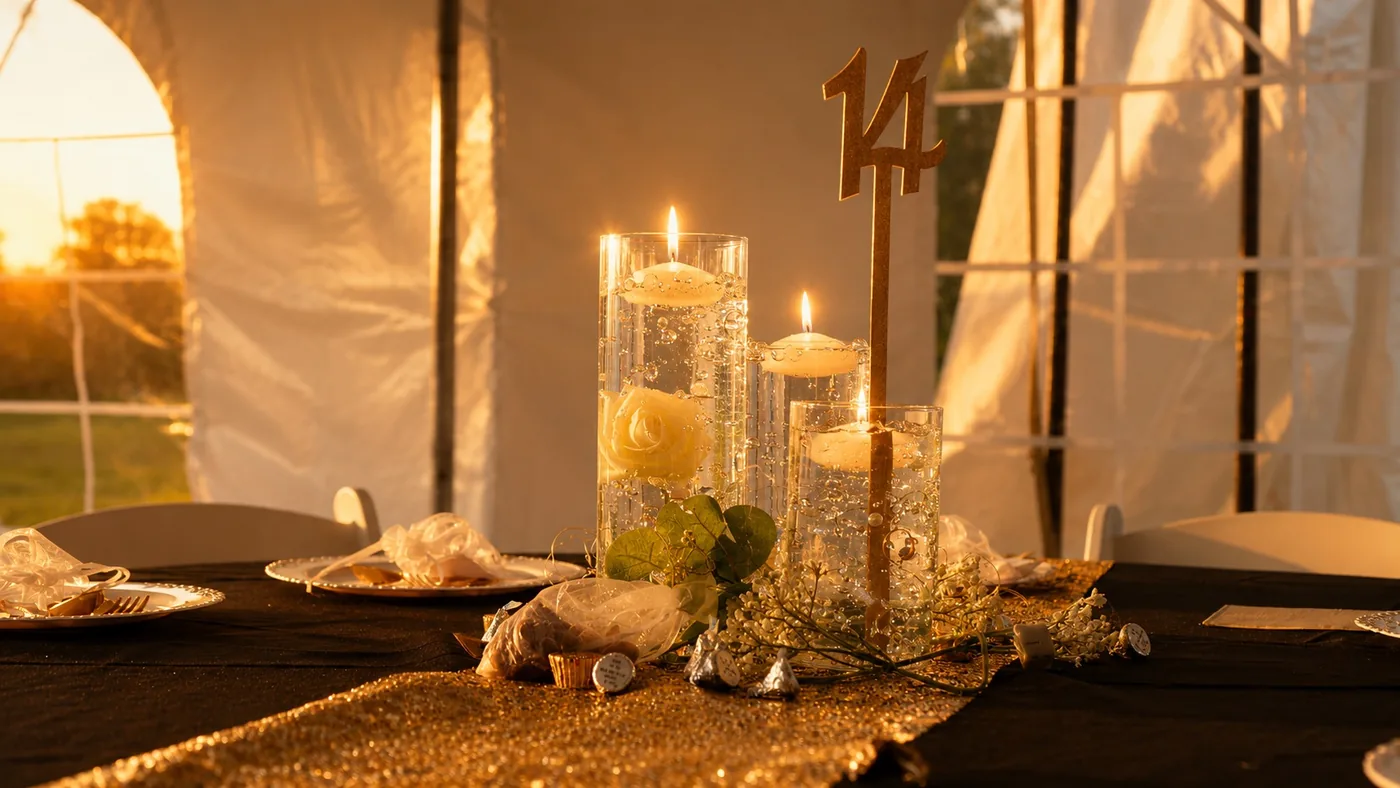 Wedding reception table details in warm sunset light